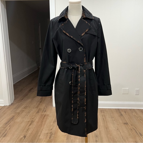 Tahari Black Raincoat Leopard Trim Belted Double Breasted Trench Size S - Picture 2 of 16